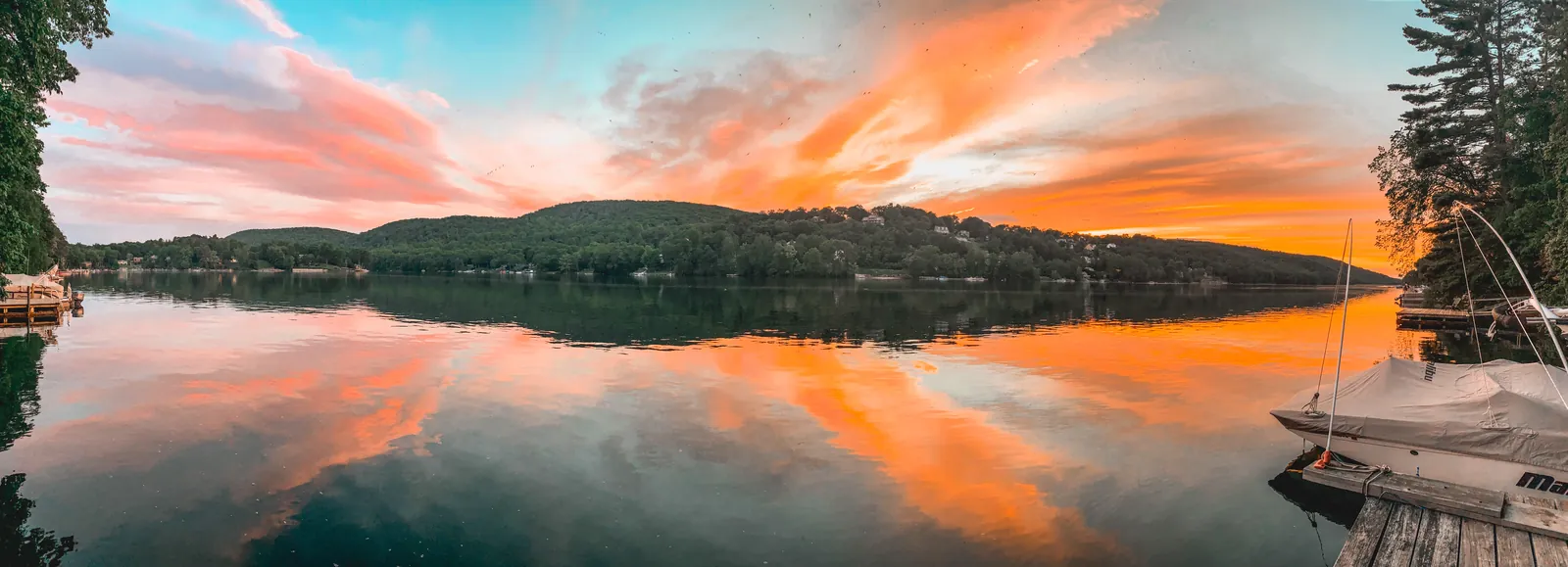 Panoramic sunset over Candlewood Lake from the dock