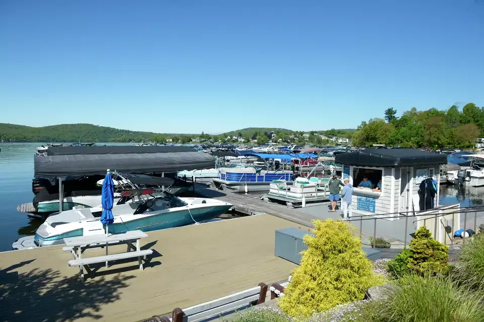 Boats in their slips at Echo Bay Marina on Candlewood Lake