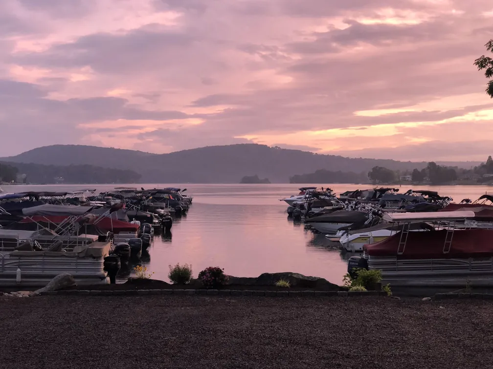 Sunset over the docks at Echo Bay Marina on Candlewood Lake